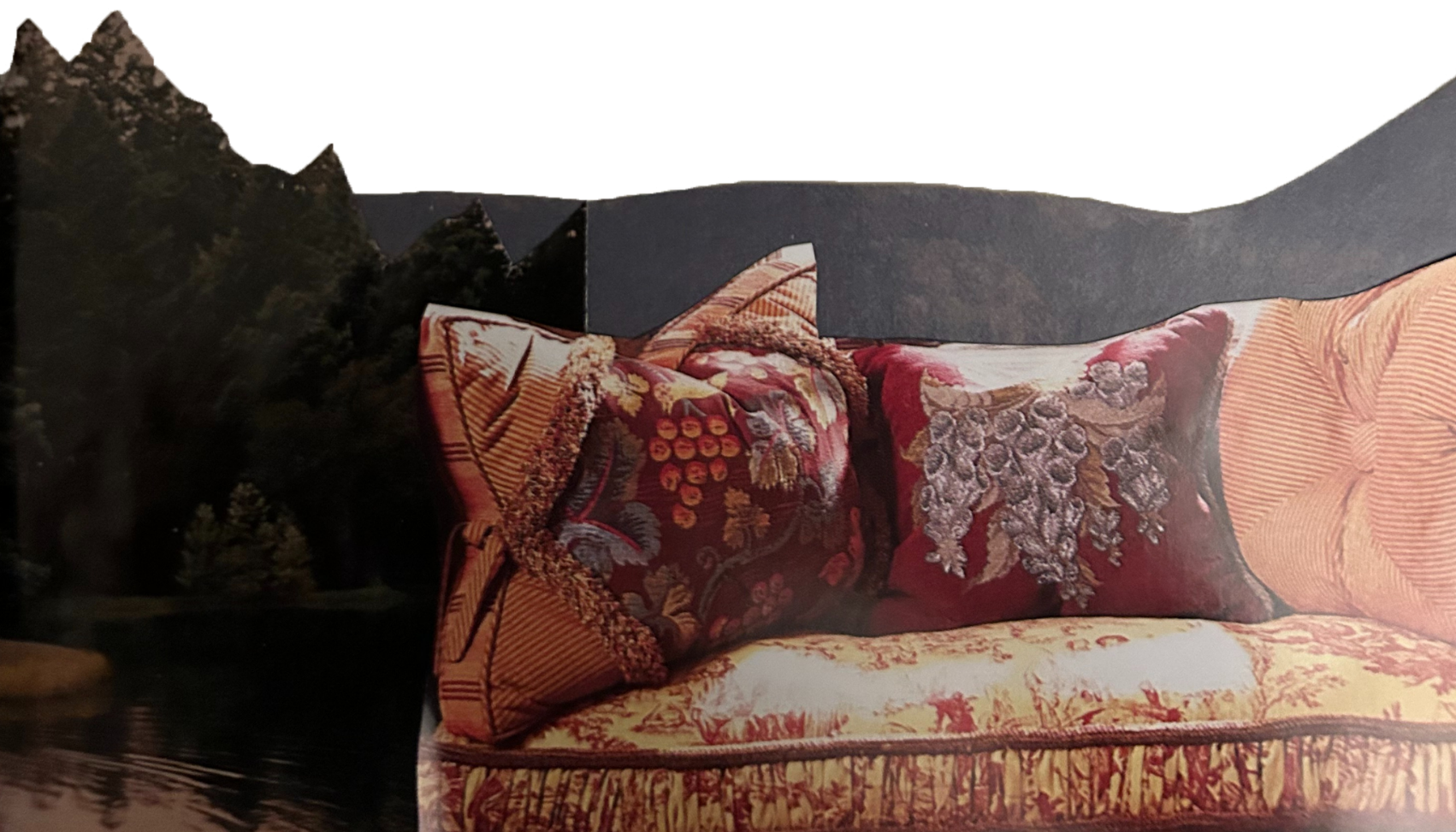 collage of trees, a lake, and a red and pink couch